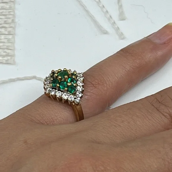 Vintage Emerald 925 Gold Vermeil Cluster Ring - Picture 6 of 17